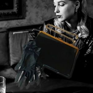 Vintage Patent Leather Black Clutch Gold Tone Trim & Satin Black Gloves Set